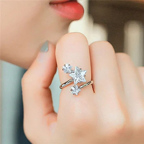 

Fashion 18k White Gold Plating Zircon Star Open Rings Adjustable Crystal Butterfly Finger Rings For Women