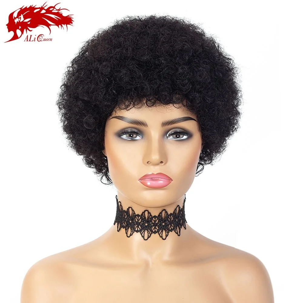 

Ali Queen Short Afro Kinky Curly Wigs Remy Human Hair Wigs For Black Women Full Machine Wigs, 1b#