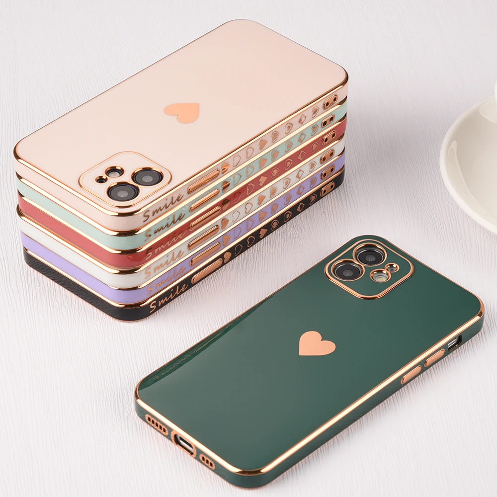 

Electroplated Shockproof Phone Case For iPhone 13 11 12 Pro Max 7 8 Plus XS Max 12 Mini X XR SE 2020 Cute Love Heart Shiny Shell, Picture