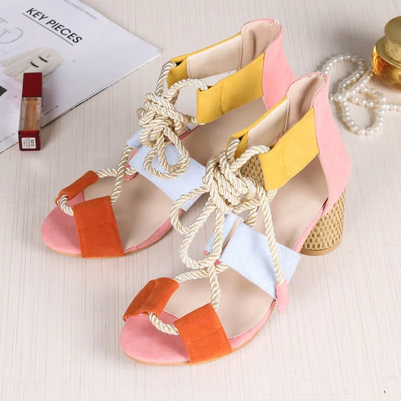 

2020 Summer Sexy Women Heeled Sandals Back Counter Mixed Color New Trendy Sandals Elegant Rope Slide Sandals, Customized color