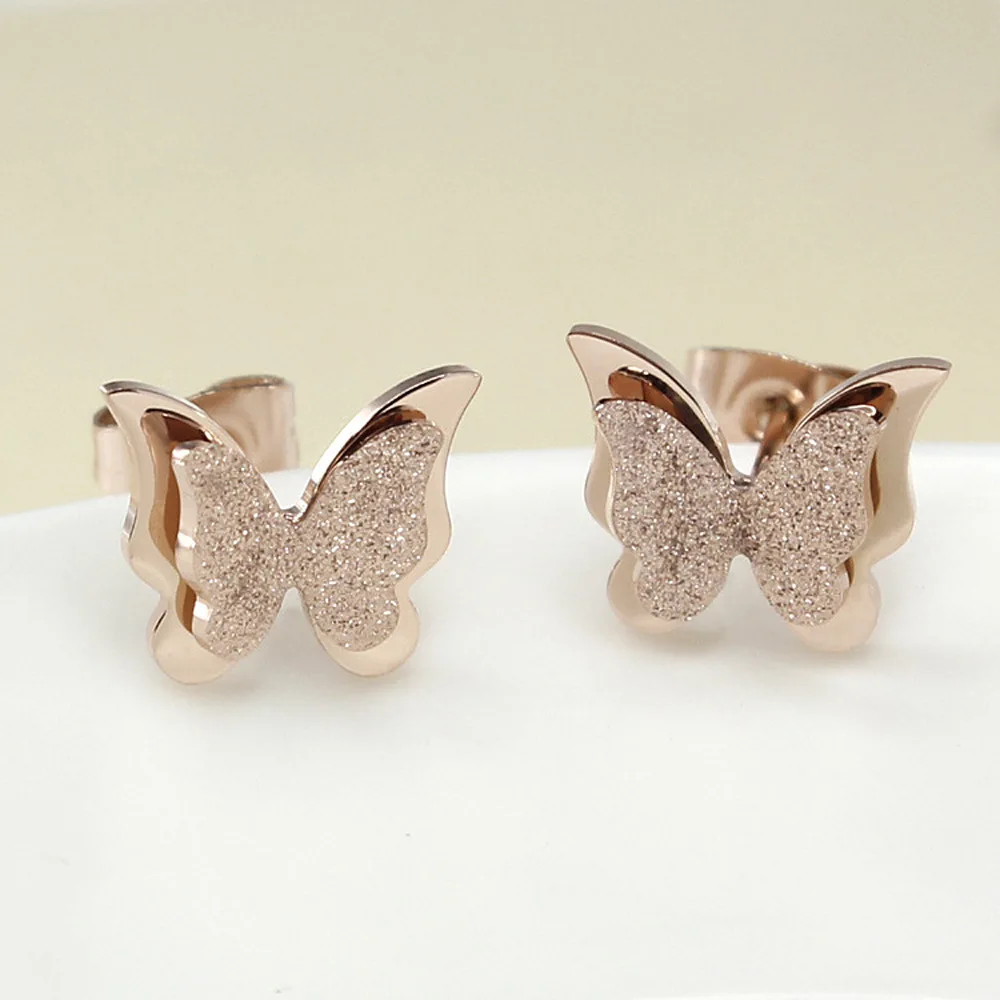 

Korean Style Ins Rose Gold Plated Matte Butterfly Stud Earrings Titanium Steel Double Layer Butterfly Earrings Piercing Jewelry