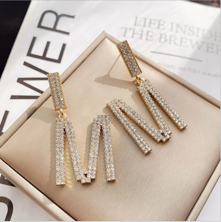 

New M Exaggerated Crystal Letter Earrings Pendant Personality Earrings Light Luxury Bling Hoop Earrings, Gold