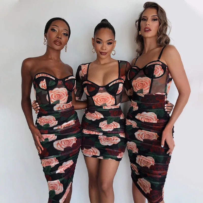 

D2280 Hot Sales Fashion Design Floral Print Series Bodysuit Ladies Tops Women Casual Dress, As show