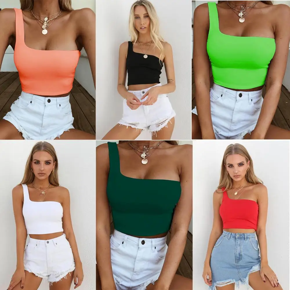 
Women Lady Female One Shoulder Crop Tops Sleeveless T-Shirt Tank Tops Summer Beach Vest Bare Midriff Fashion Clothes Wholesale 
