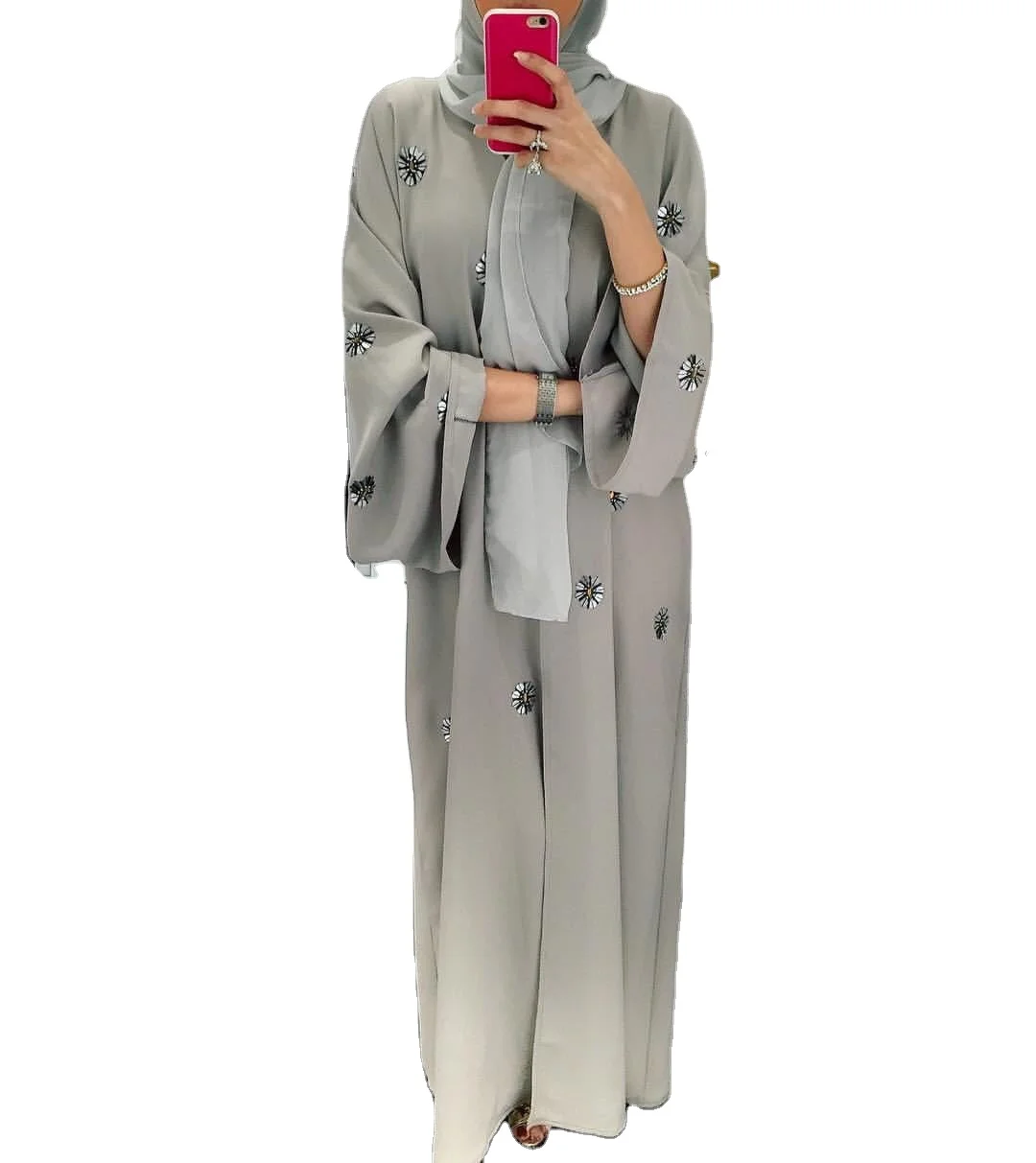 

Embroidered Beaded Middle Eastern Cardigan Robe Dress Beige Color Dubai 3d Floral Front Kaftan Dress Abaya Women Muslim Dress