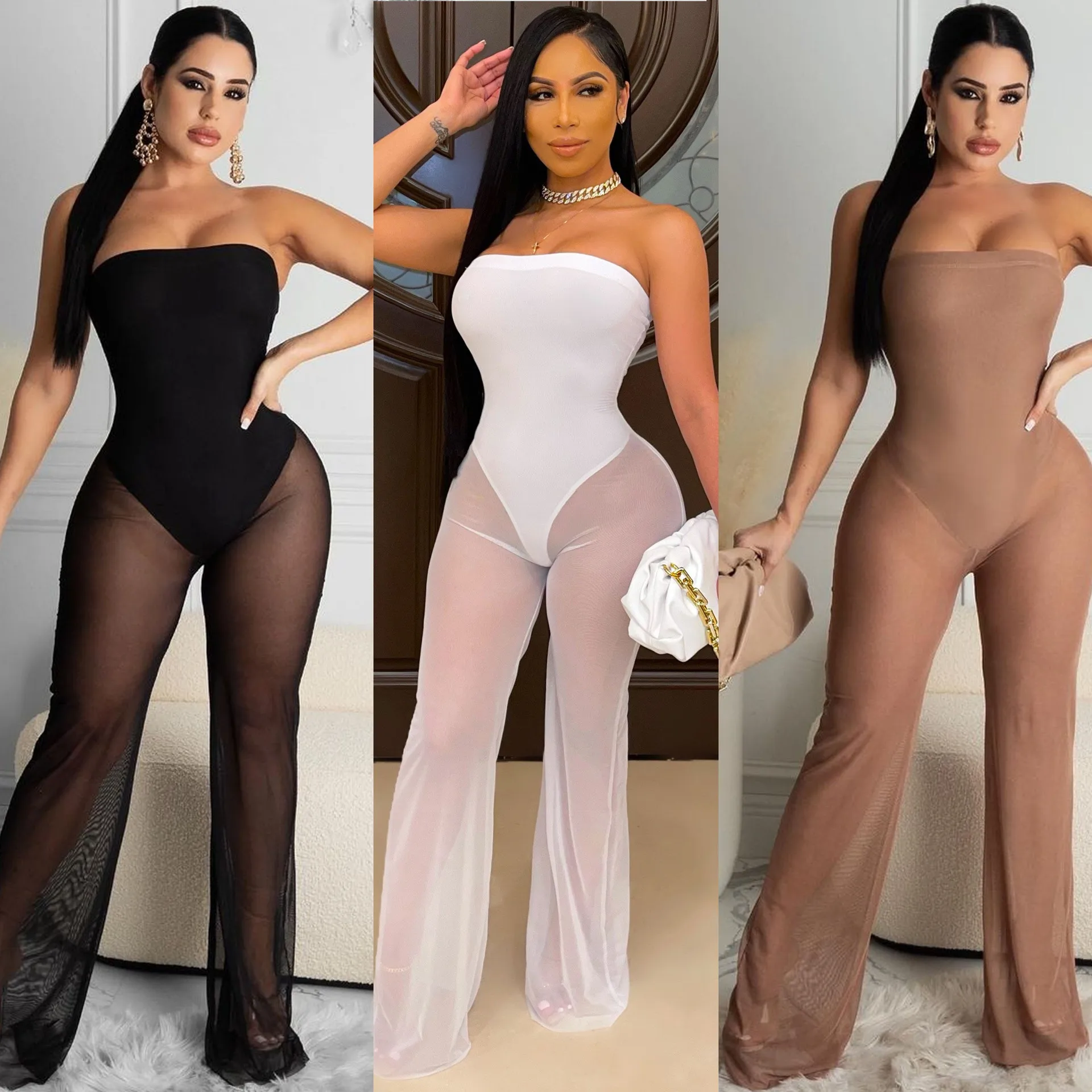 

women junpsuit Workout Solid Bodycon Fitness Off Shoulder See Through Wide Leg Mesh Clothing Sexy Club Jumpsuit Mesh Bodysuit bodysuit outfit for women, Picture