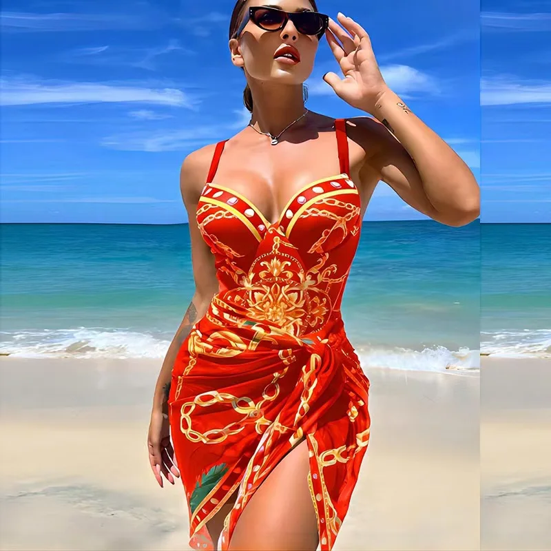 2025 New Women's One-Piece Swimsuit With Sexy Back Print and Bikini Cover-Up Two-Piece Set