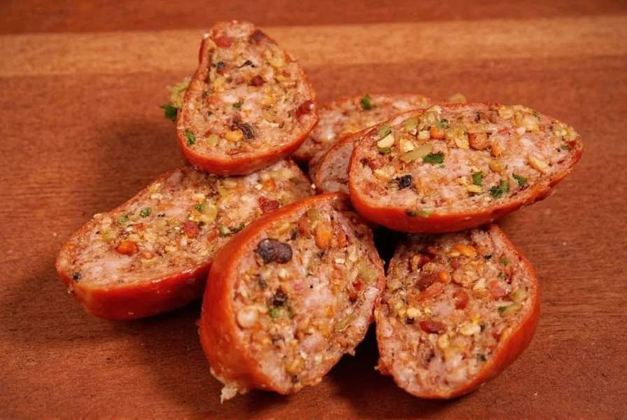 Homemade sausages arranged on a rustic table