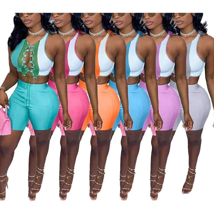 

2021 sexy women clothing hollow out patch two piece short set, 6colors