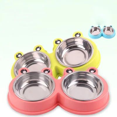 

Pet rice bowl feeder stainless steel two in one lovely frog rice basin is durable and easy to clean