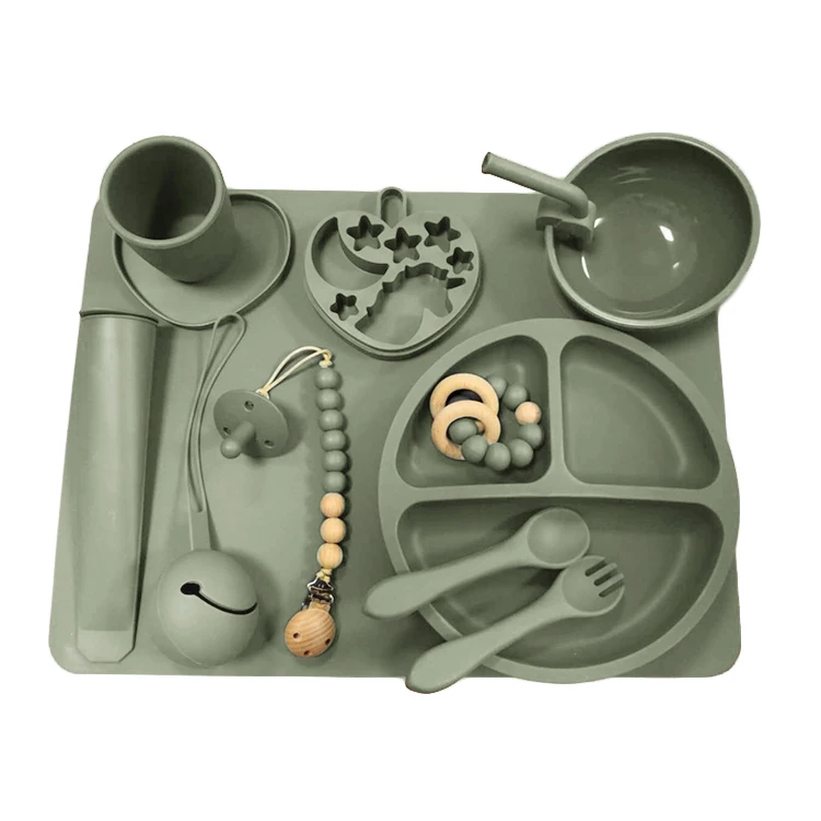 

Wholesale DIY Baby Feeding Bowl Set Eco-friendly Silicone Suction Baby Plate with baby teether set, Muted,apricot,mustard, sage, ether, dark grey etc