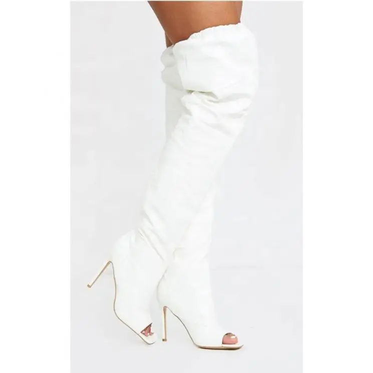 

high quality stretch wide big thigh open toe thigh high boots, Black/white