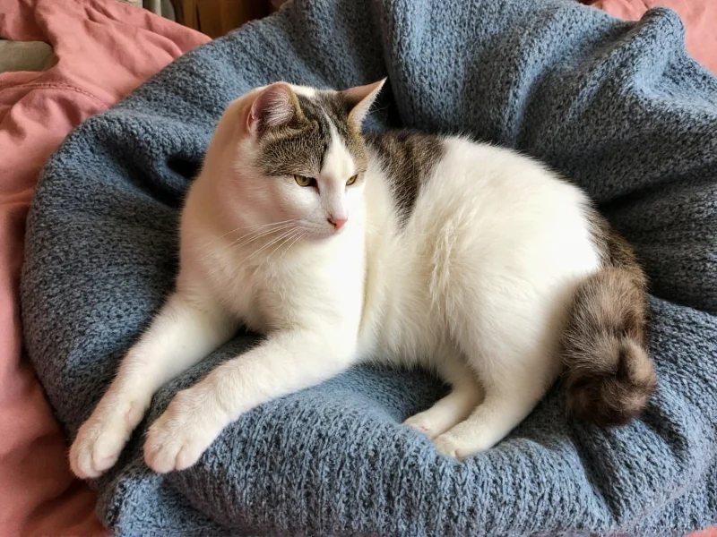 Cat curled inside upcycled sweater bed with visible stitching
