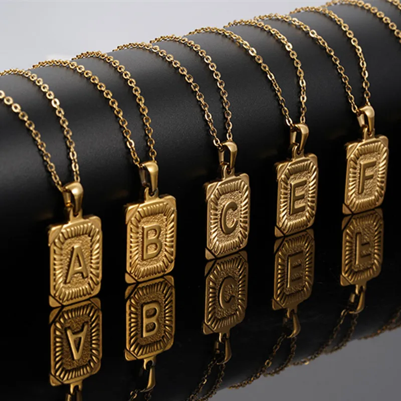 

Cuban stainless steel hip-hop necklace alphabet initials letter square pendant necklace, Gold