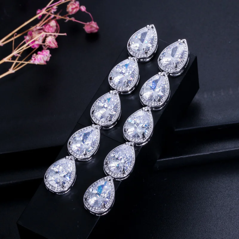 Top Quality Brilliant Silver Color CZ Cubic Zircon Luxury Tear Drop Extra Long Dangle Earrings for Women Wedding Gift Jewelry