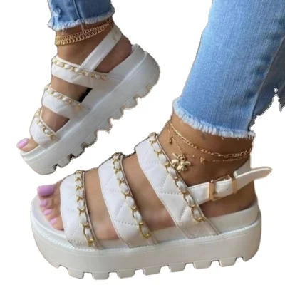 

210320 35-43 large size ladies' sandal 21 summer thick soles women's shoes metal chain buckle belt middle heel sandal
