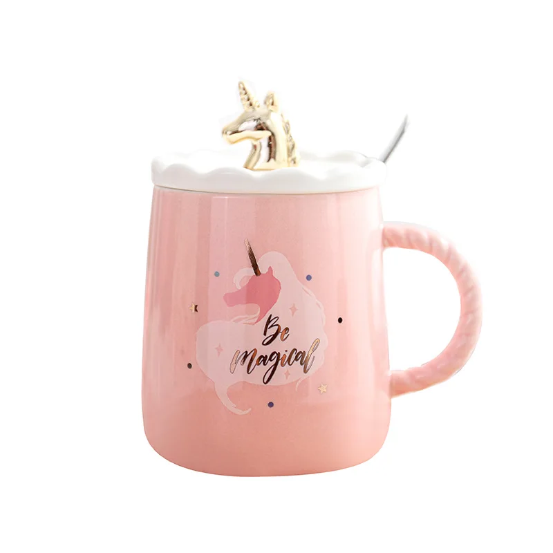

Korean Style Unicorn Ceramic Cup Pink Cute Mug with Lid Spoon 450ML Drinkware, Mixed design pink color