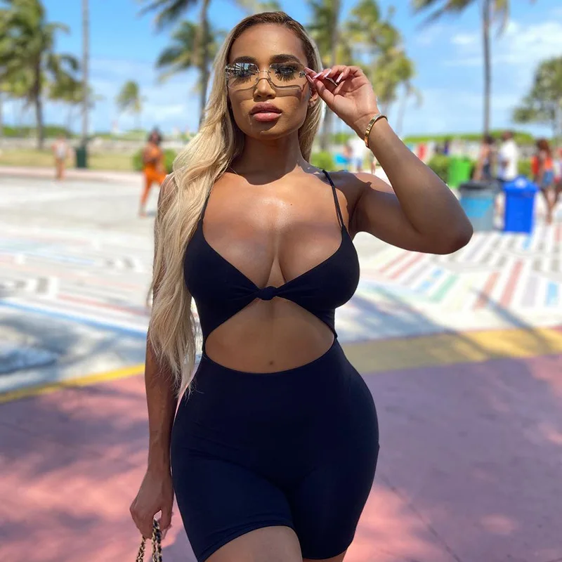 

Fashion women's summer 2021 new trend pure color hollow out sexy sleeveless shorts jumpsuit