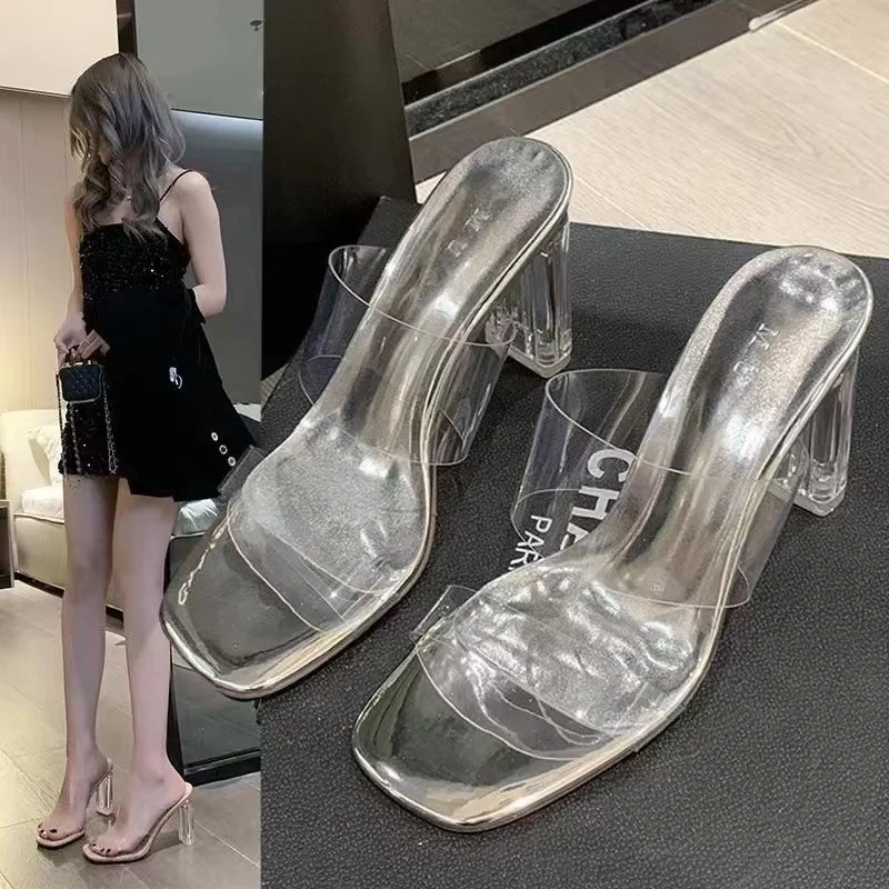 Shoes Stock Fashion Color Crystal Sandals and Ladies Transparent Chunky Heels Color PVC Characteristic Wholesale slippers