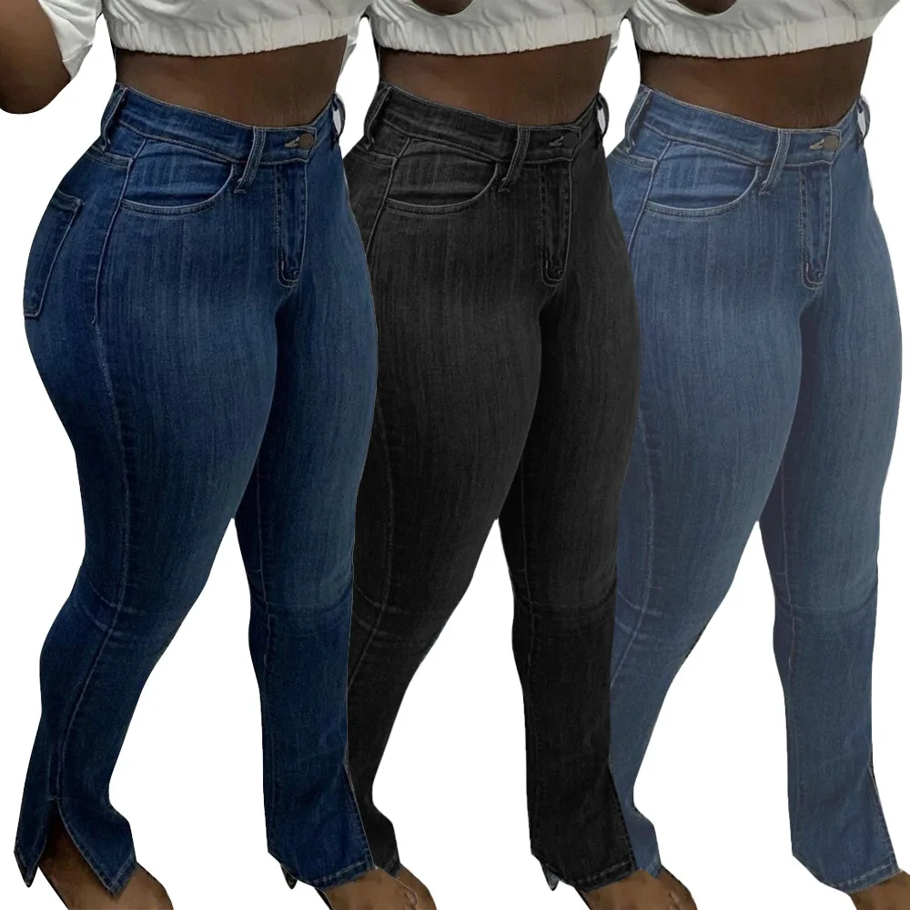 

Wholesale new arrivals women's skinny split high elasticity plus size blue and black pants & jeans, Photo shows