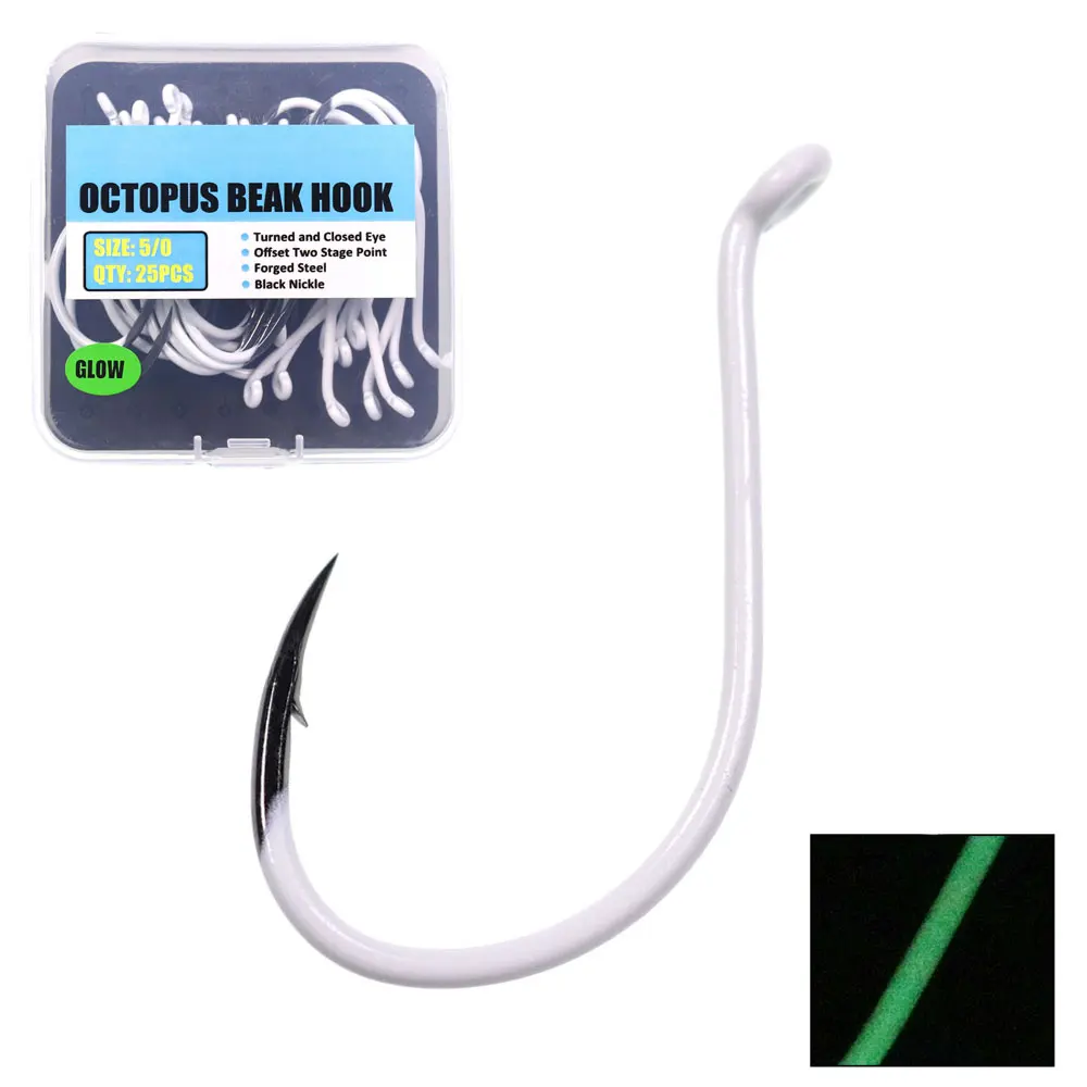 

25pcs/box Luminous Carbon Steel Octopus Beak Hook Offset Classica Bait Hooks Deep Sea Night Fishing Hook 3/0 4/0 5/0 6/0 7/0, Luminous white