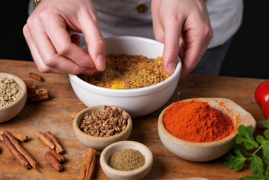 Chef's hands measuring spices into a bowl with cumin alternatives arranged nearby