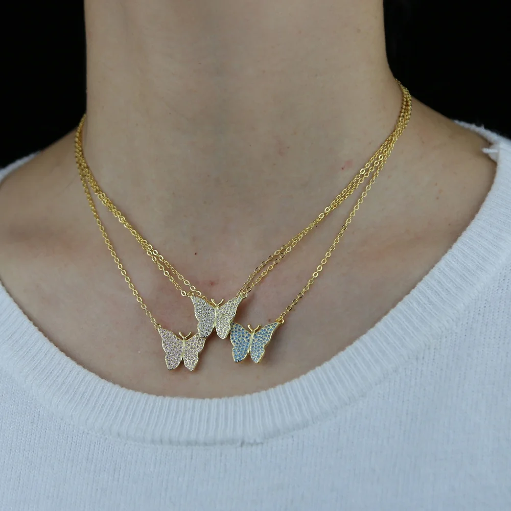 

Minimal Delicate Colorful White Pink Blue Cubic Zirconia CZ Women Jewelry Gold Color Cute Lovely Butterfly Animal Necklace, As pic