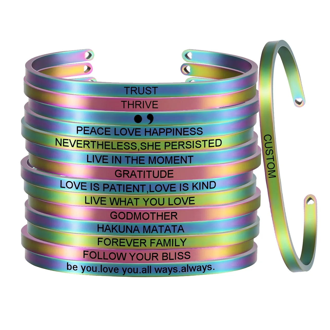 

4mm Jewelry Rainbow Logo Lasered Personalized Inspiration Message Stainless Steel Customized Cuff Bangle Women