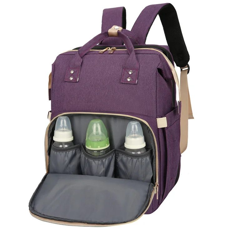 

Portable Stylish multi-functional Travel 4 in 1 reusable diaper bags with Auto Folding Crib, Purple