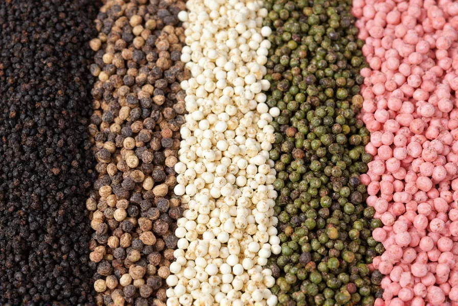 Variety of peppercorns including black, white, green, and pink varieties arranged for comparison