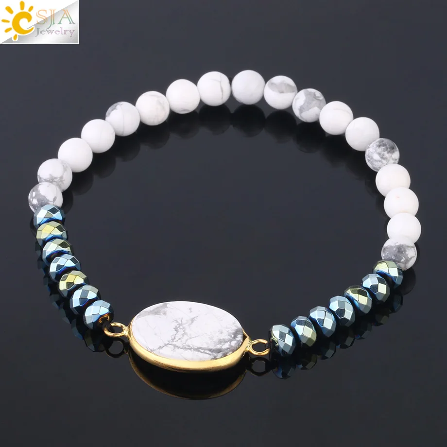 

CSJA 6mm white turquoise bracelet oval round bead hematite healing power gemstone bracelet men women 2020 fashion jewelry F606