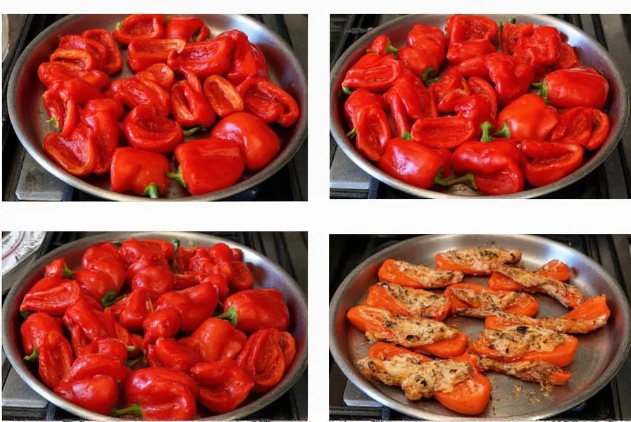 Step-by-step visual guide showing red bell peppers roasting in oven with proper charring