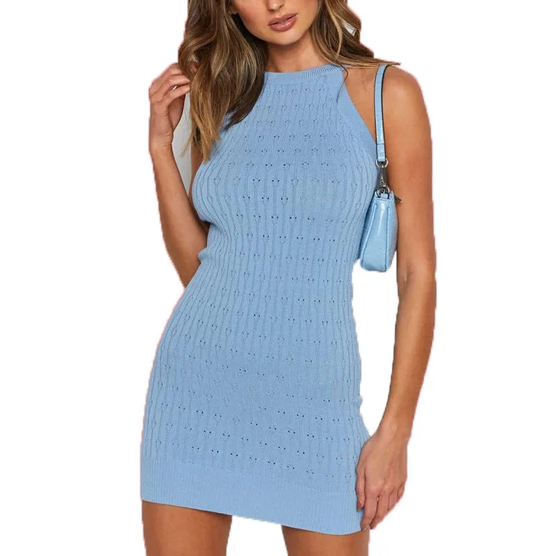 

254 Wholesale 2021 New Arrival Summer Sexy Fashion Clothes Ladies Mini Bodycon Sleeveless Women Casual Knit Dresses, White, black, blue