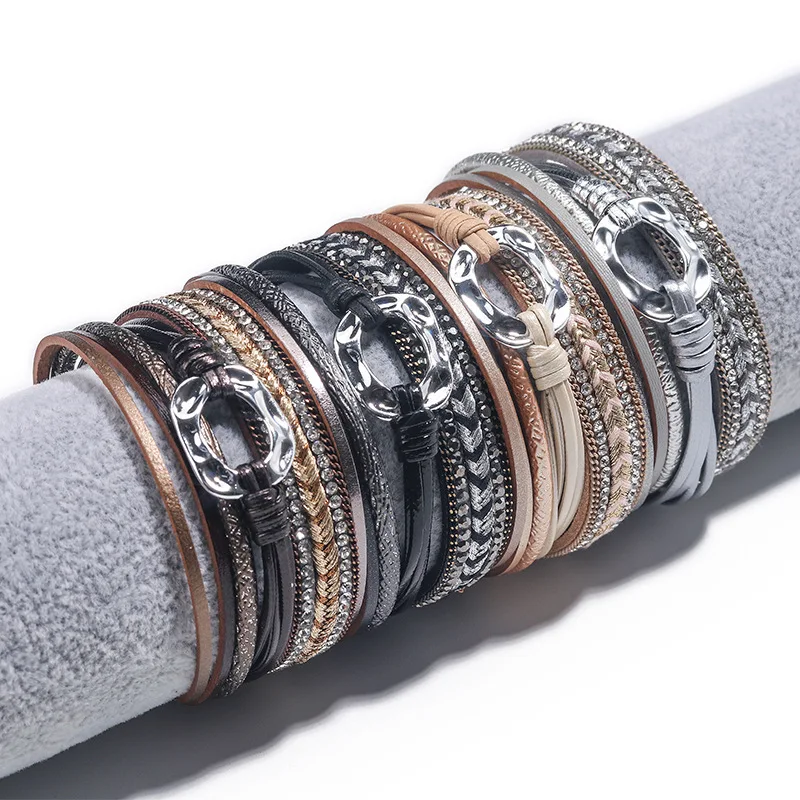 

Fashionable Multi Layers Leather Crystal Bracelet Magnetic Buckle Circle Charm Leather Braided Bracelet