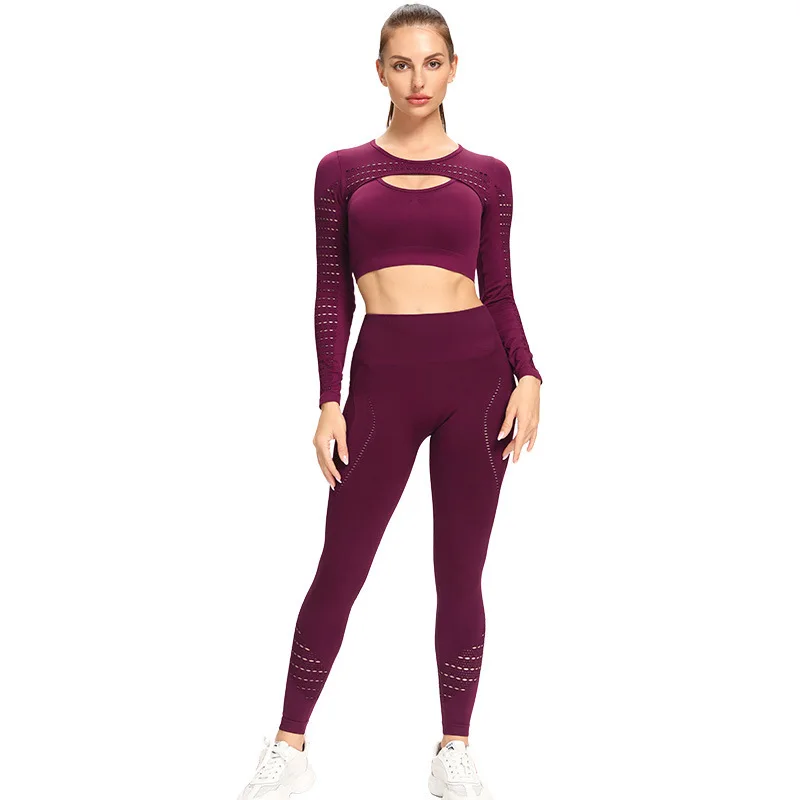 

2020 fitness clothes new unique design women yoga clothes long sleeve and legging 2 pieces yoga set, As pictures