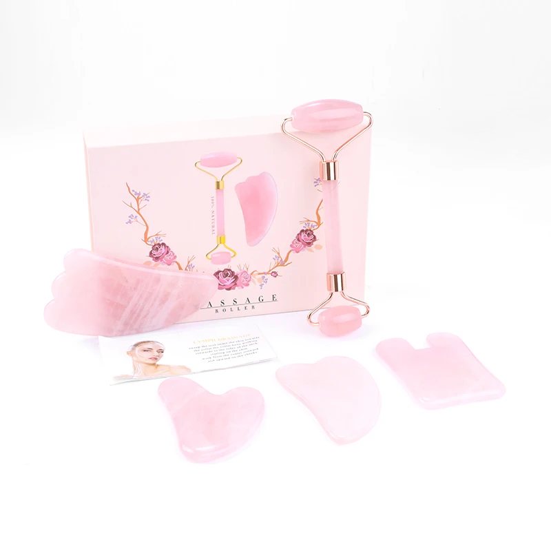 

Custom box support High quality handheld facial massage roller rose quartz jade facial roller gua sha for face and body care