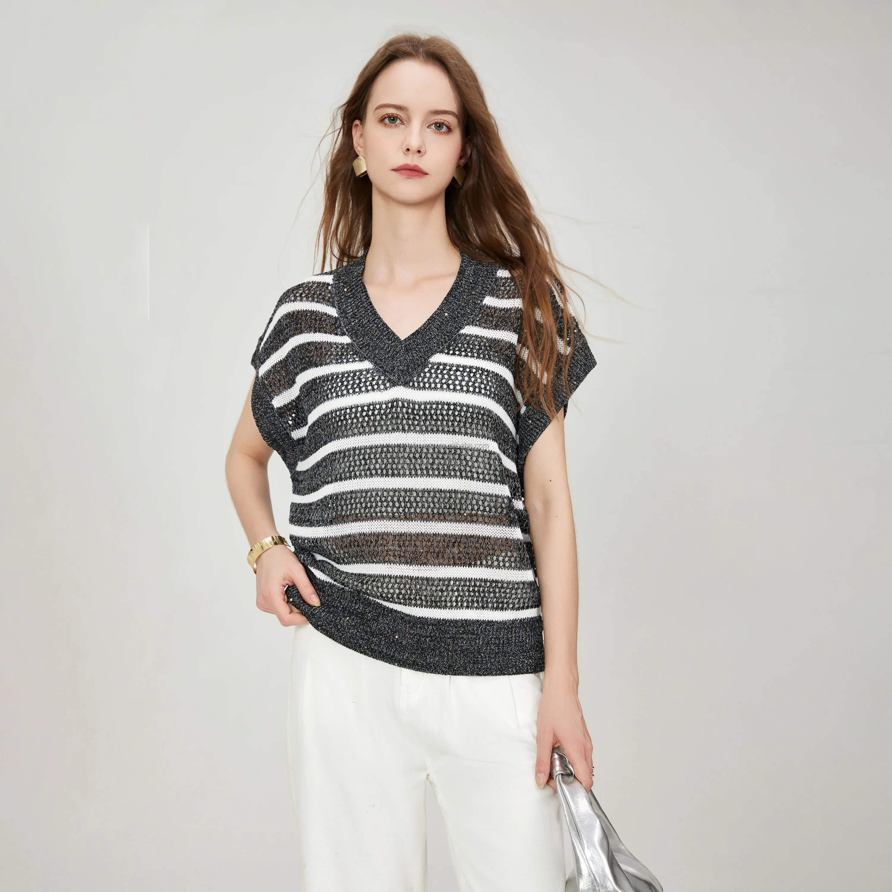 Women's Dazzling Sequined Yarn Two-tone Striped Knit Top Drop Shoulder V-neck Breathable Mesh Loose Vest Ribbed Hem Knitwear