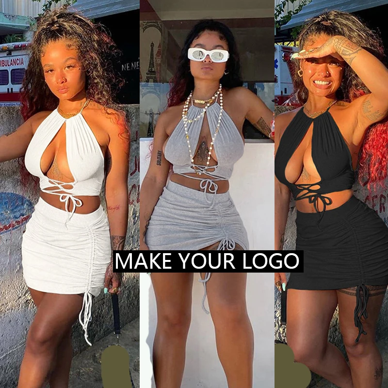 

2021 Autumn Women's New Foreign Trade Hanging Neck Band Hollowed-out Vest Drawstring Short Skirt Set Skirt