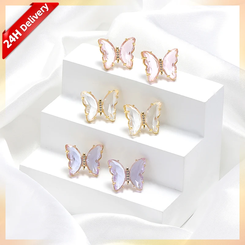 HOVANCI INS Real Gold Plated Shiny Pink Color Glass Butterfly Stud Earrings Clear Crystal Butterfly Earrings For Girls Gift