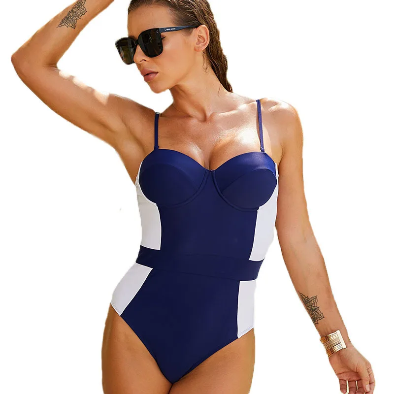 

2021 New European and American Sexy Color Block Retro One-Piece Push-up Bikini Swimsuit for Women Swimwear