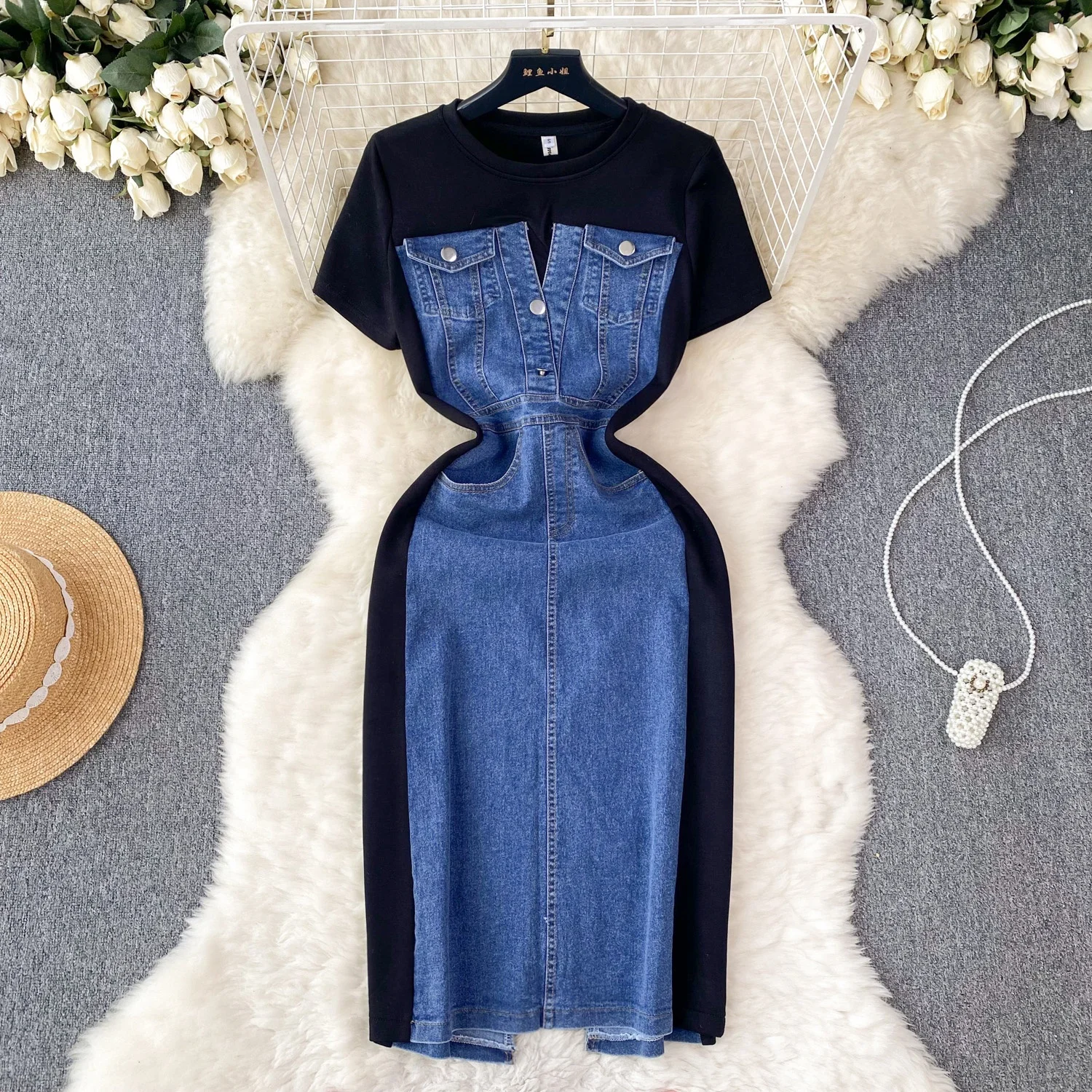 

New Round Collar Short Sleeve Patchwork Denim Dress Women's Fashion Casual Dress