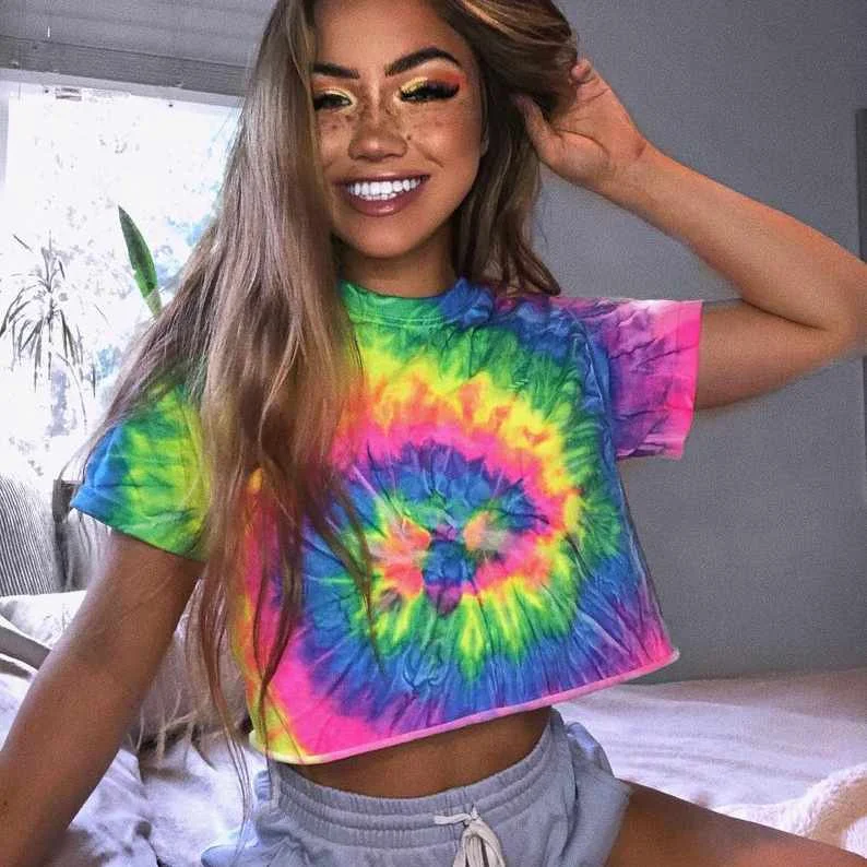 

Summer short-sleeved tops with tie-dye printing loose short girls' t-shirts