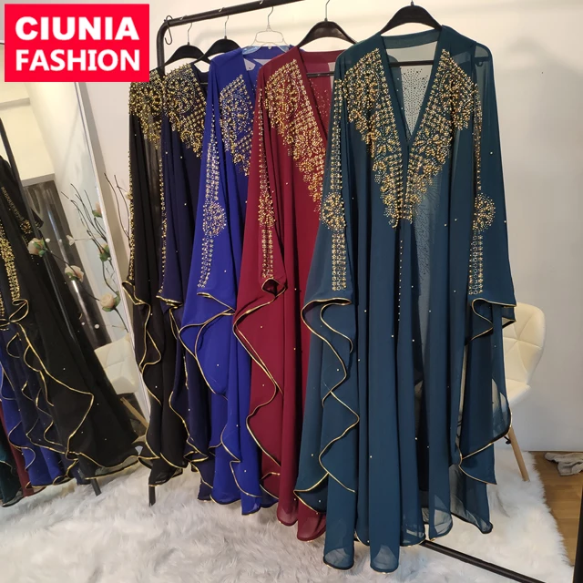 

6227#hot sale mandala kaftan designs abayas fabric islamic clothing muslim dress Africa bead open abaya, Black/blue/red/navy/green/light blue