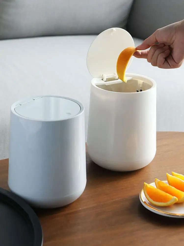 
Mini Cute Trash Can with Lid, Home Desktop Table Waste Bin Bathroom Small Garbage Basket white grey 
