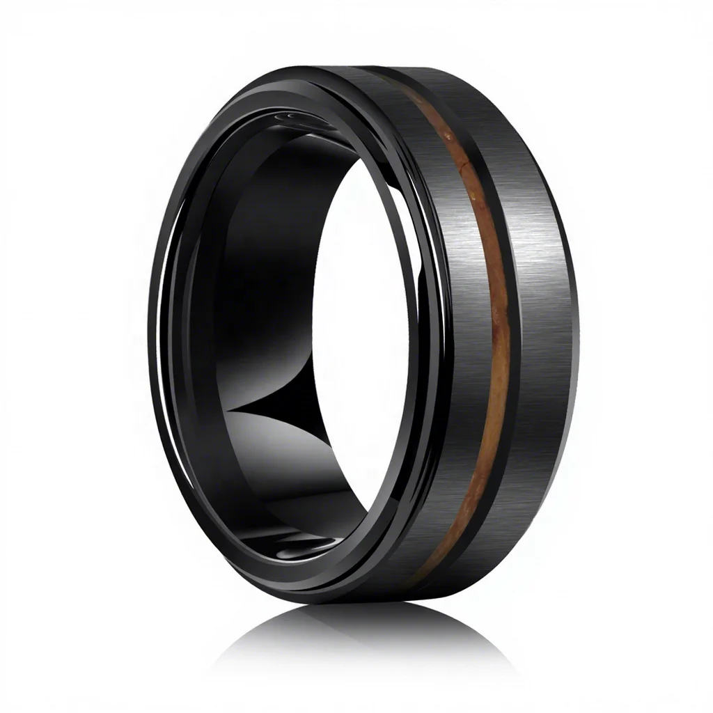 POYA 8mm Men's Tungsten Carbide Stepped Edges Ring with Whiskey Wood Inlay Engagement Jewelry
