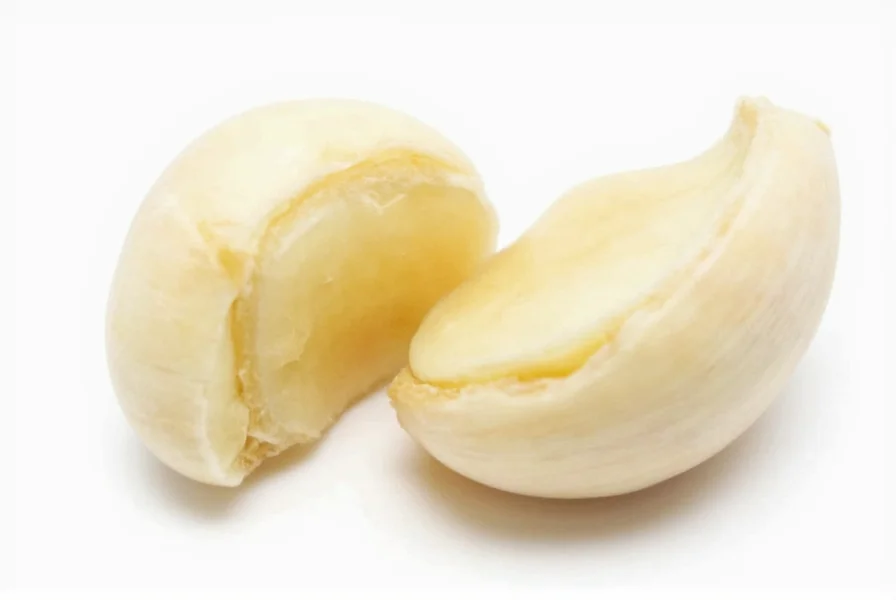 Fresh garlic cloves next to measuring spoons