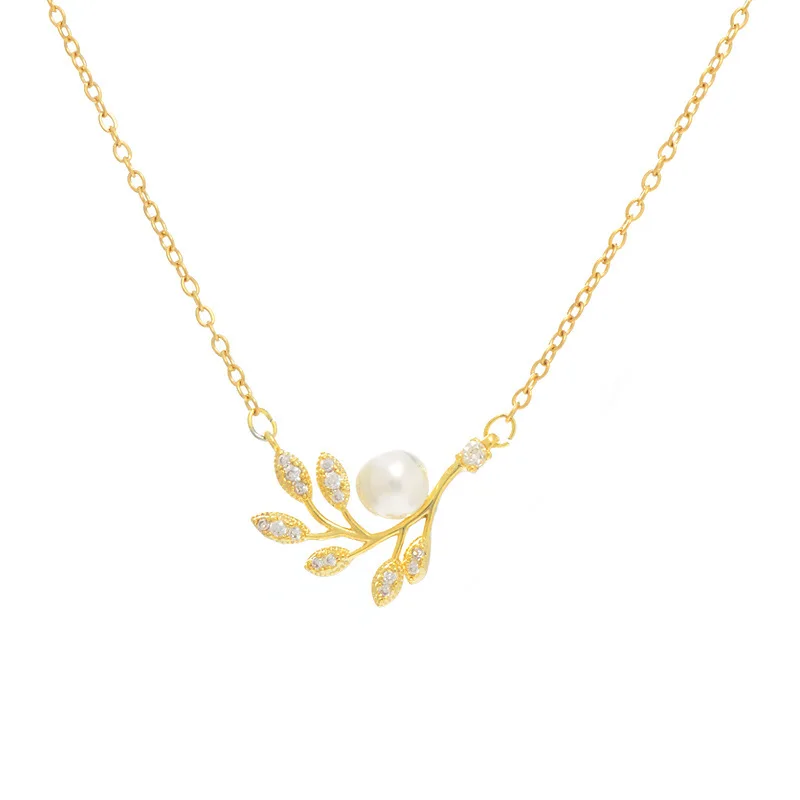 

Ins Korean Pearl Leaf Pendant Necklace Real Gold Plated Paved Cubic Zirconia Leaf Necklace For Women Girls