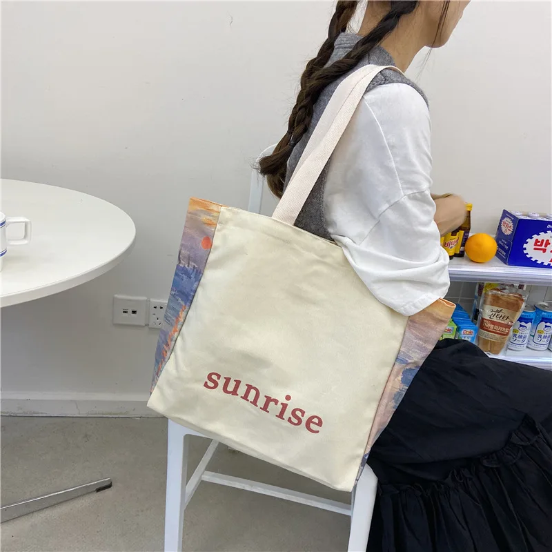 

2021 New Style Canvas Shoulder Bag Tote Cotton Rope Handles Fashion Printing Shopping Bags