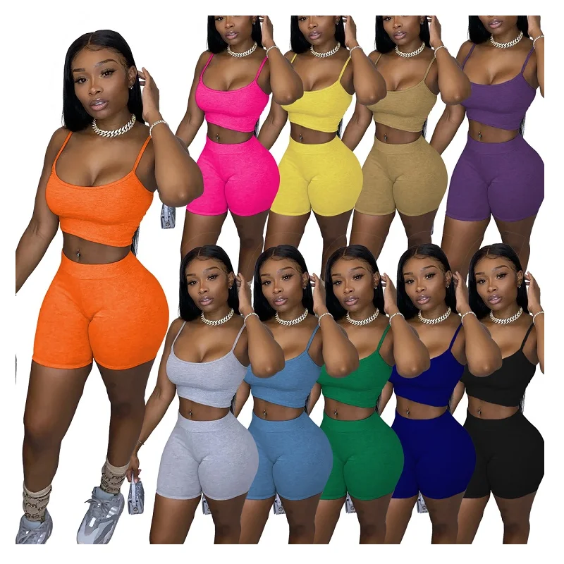 

Shorts And Crop Top Set Casual Solid Color Sexy Shorts Sets Spaghetti Strap Plus Size Women Clothing 2 Piece Set Women Shorts, Yellow, orange, purple, gray......