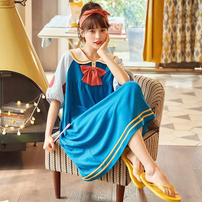 

Japanese and Korean pajamas skirt summer cotton short-sleeved ladies nightdress sweet and cute plus size long dress summer, Picture shows